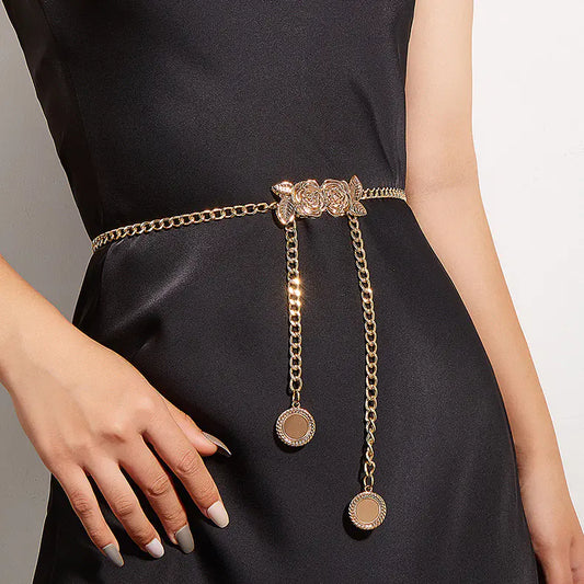 Metal Waist Chain with Rose Buckle for Women’s Fashion