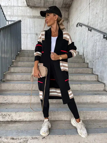 Plus Size Casual Striped Knitted Cardigan for Women
