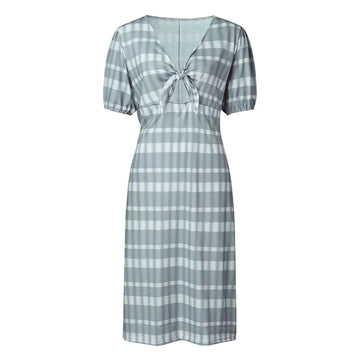 Dress with V-Neck and Bow Short Sleeves