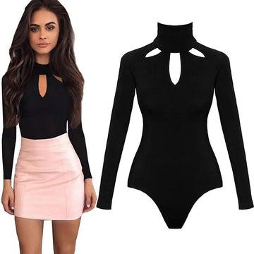 Sexy Black Long-Sleeved Hollow Out Bodysuit for Women